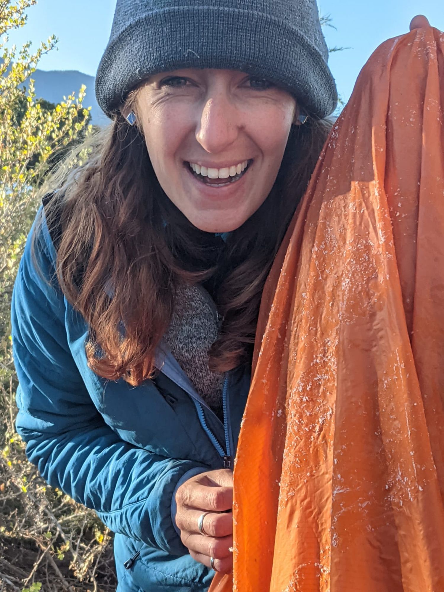 Showing off the frost accumlated on my tent after a chilly night at Great Sand Dunes National Park.